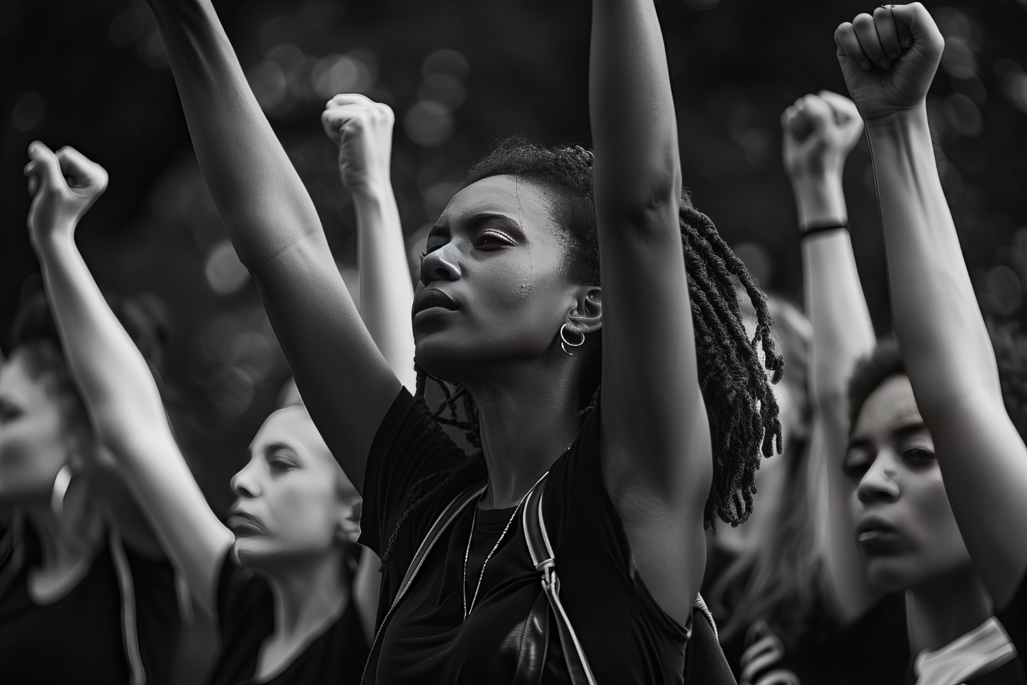 Ser mulher é um ato político. Na imagem em preto e branco, um grupo de mulheres levanta os punhos em um gesto de resistência e união. Em primeiro plano, uma jovem negra de expressão firme ergue os braços com determinação, seu olhar voltado para frente, carregando força e história. As demais mulheres ao fundo, igualmente resolutas, reforçam a mensagem de luta e sororidade. O contraste da iluminação destaca suas feições e a emoção no momento, transmitindo um sentimento de empoderamento e reivindicação por direitos. A cena simboliza a luta feminina por igualdade e justiça