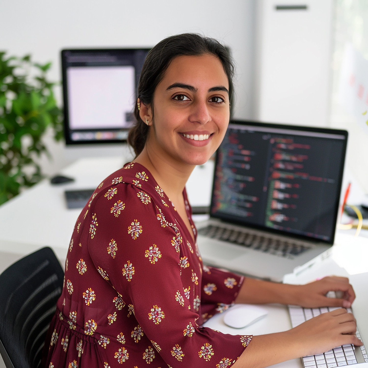Mulher jovem, sentada em frente ao computador com código na tela, sorrindo em um ambiente de escritório moderno, simbolizando a presença e a valorização de indígenas no mercado de trabalho.