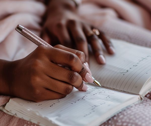 Mãos negras e femininas escrevem em um diário
