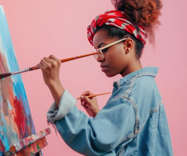 mulher negra pintando um quadro com pincel. O quadro tem cores como azul e vermelho. Ela usa um black em um coque alto e usa um turbante.