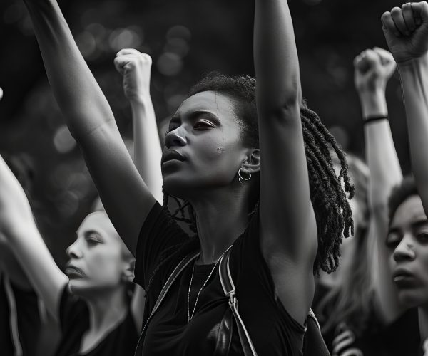 Ser mulher é um ato político. Na imagem em preto e branco, um grupo de mulheres levanta os punhos em um gesto de resistência e união. Em primeiro plano, uma jovem negra de expressão firme ergue os braços com determinação, seu olhar voltado para frente, carregando força e história. As demais mulheres ao fundo, igualmente resolutas, reforçam a mensagem de luta e sororidade. O contraste da iluminação destaca suas feições e a emoção no momento, transmitindo um sentimento de empoderamento e reivindicação por direitos. A cena simboliza a luta feminina por igualdade e justiça