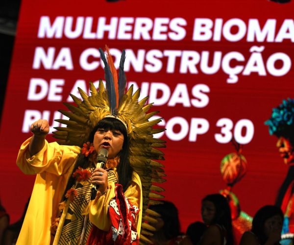 A imagem mostra a deputada federal Célia Xakriabá (PSOL-MG) em um evento público, vestida com trajes tradicionais indígenas. Ela usa um cocar amarelo adornado com penas coloridas, destacando-se em um palco com fundo vermelho, onde se lê "Mulheres Biomas na Construção de Agendas Plurais COP 30". Com microfone na mão e expressão firme, Célia gesticula para enfatizar sua fala, simbolizando a força das mulheres indígenas na política. Outras mulheres indígenas aparecem ao fundo, reforçando o tema da participação e liderança feminina em pautas ambientais e sociais.