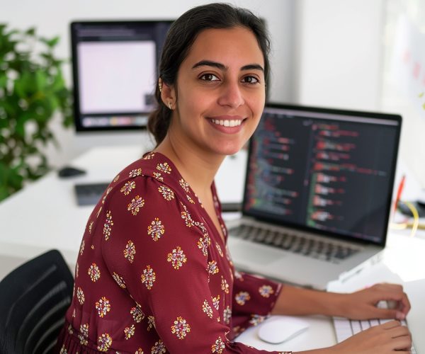 Mulher jovem, sentada em frente ao computador com código na tela, sorrindo em um ambiente de escritório moderno, simbolizando a presença e a valorização de indígenas no mercado de trabalho.
