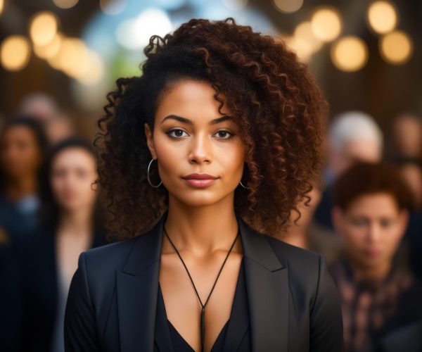 Uma mulher negra confiante e profissional, em destaque em meio a uma multidão, simbolizando liderança feminina no ambiente corporativo